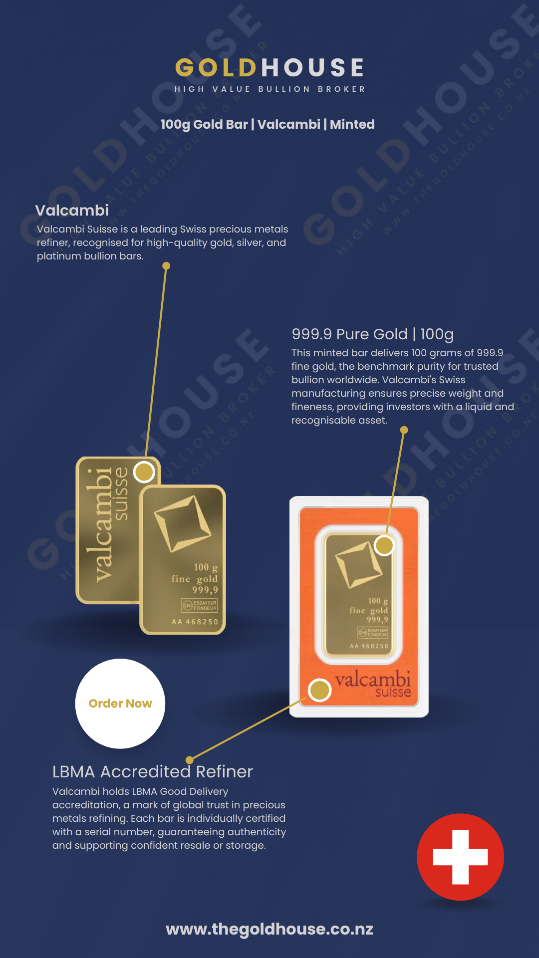100g Gold Valcambi Suisse Minted Bar 999.9 image 3