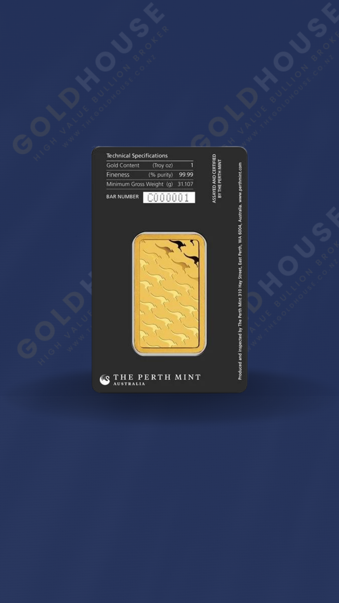 Back image of 1 oz Perth Mint Minted Bar showing reverse design details