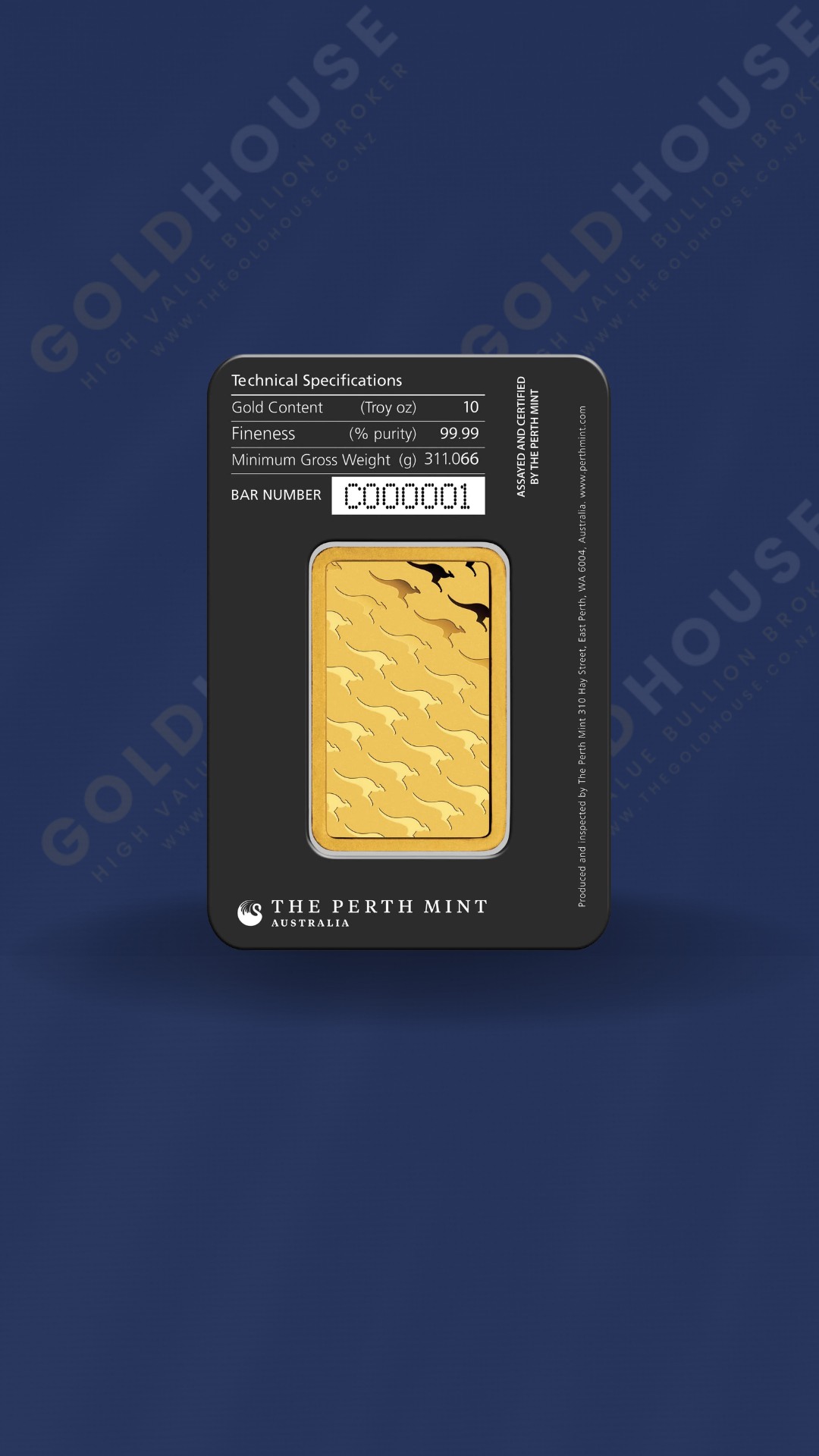 Back image of 10 oz Perth Mint Minted Bar showing reverse design details