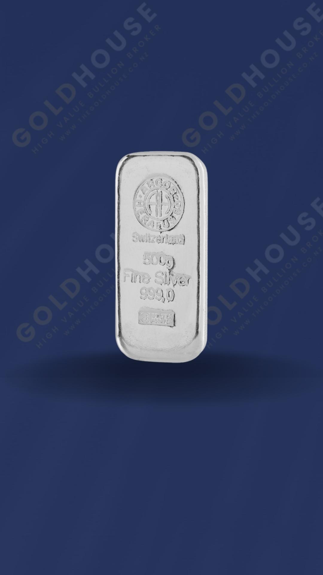 500g Silver Argor-Heraeus cast bar, stamped face
